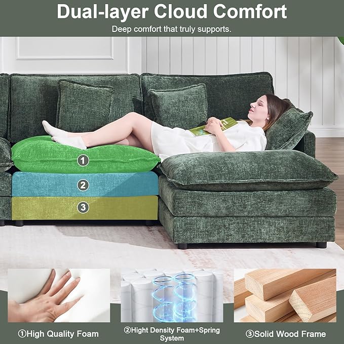 Modular Sectional Sofa with Ottoman, 76.7" Modern L Shaped Sectionals Cloud Couch, Comfy Couch Loveseat, 3 Seat Chenille Deep Seat Sofa with Pillow for Living Room,Bedroom Apartment,Small Spaces-Green
