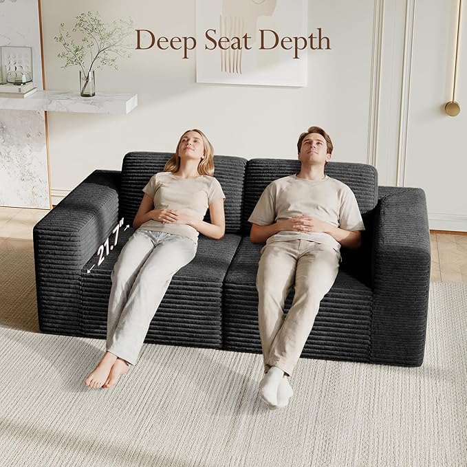 Vesgantti 80" Modular Sectional Sofa, Corduroy Cloud Couch with Deep Seating & Spring Support, 2 Seater Compact Modular Couch, Boneless Sectional Sofa for Small Spaces, No Assembly Required, Black