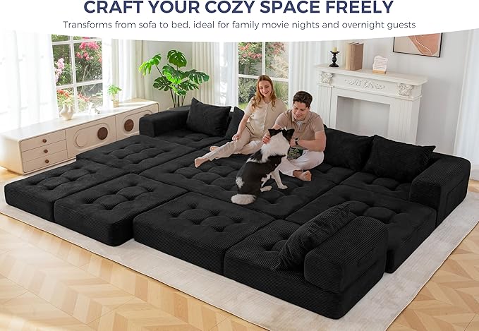 MAXYOYO Modular Sectional Sofa Couch, Foldable U Shaped Cloud Couch with Pillows, Tufted 7-Seat Boneless Sleeper Lounger Floor Sofa Bed for Living Room, No Assembly Required, Black