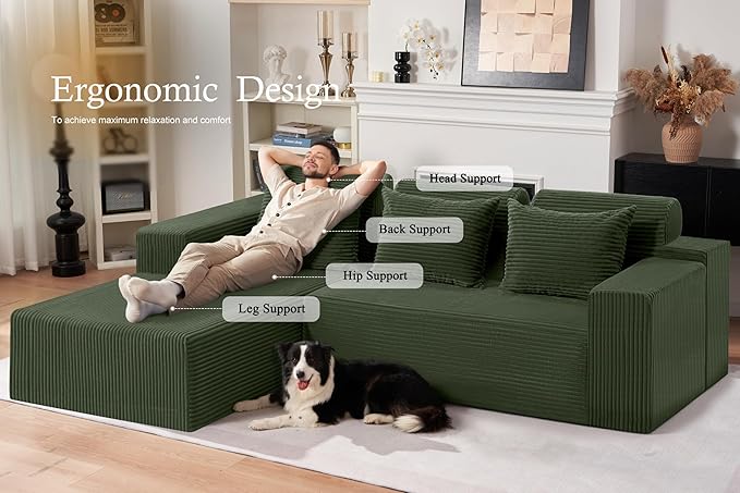 HABUTWAY Sectional Couches for Living Room,No Assembly L Shaped Couch 105" Modular Sectional Sofa Couch with Deep Seat,Cloud Couches Furniture Sets for Apartment,Corduroy (Green, Left Facing)