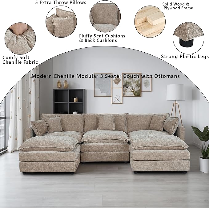 Setawix Deep 3 Seater Couch with Ottomans,112.2" U-Shaped Cloud Couches for Living Room,Chenille Cloud Sofa Couch with Deep Seat,Modular Sectional U Shape 3 Seat Sofa for Bedroom (Coffee, 3+2)