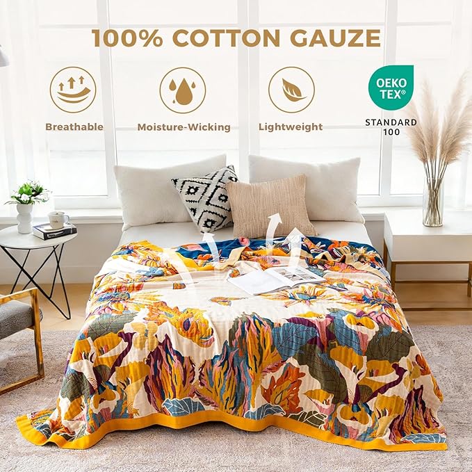 Boho Throw Blanket 100% Cotton Soft Bed Throw Twin Lightweight Spring Blanket Floral Bird and Butterfly Room Decor Breathable Bed Blankets,60"x80" All Season Reversible Blankets for Sofa Couch Chair