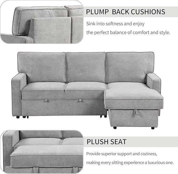 LUMISOL 89" Convertible Sleeper Sofa Bed, Modern L-Shaped Sectional Sofa with Storage Chaise, Chenille Pull Out Couch Bed with Cup Holders & Charging Station for Living Room, Gray