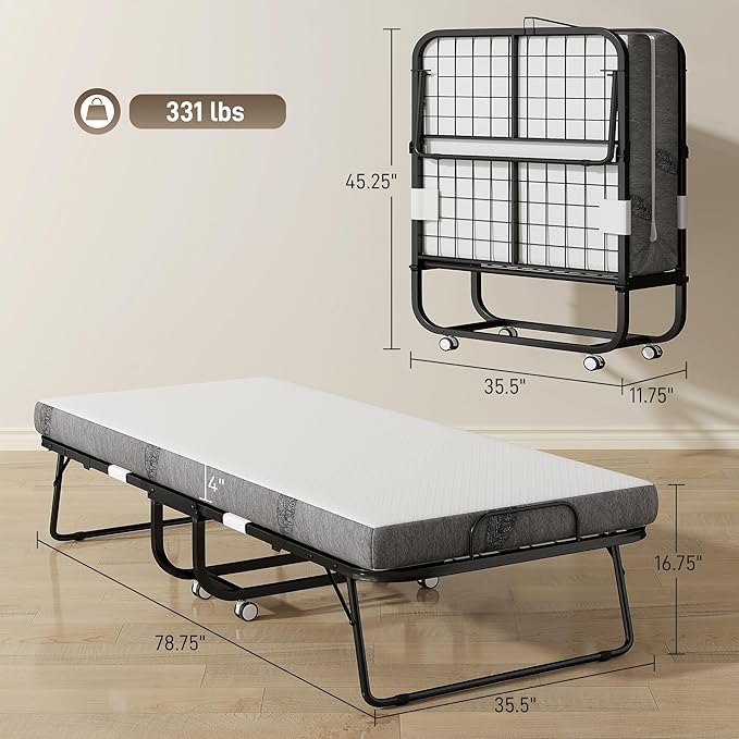 HOMCOM Folding Bed with Mattress for Adults, Long Twin Size, Portable Foldable Bed with 4" Foam Mattress & Space-Saving Steel Frame, 79" x 35", Fold Up, Roll Away & Hideaway, White