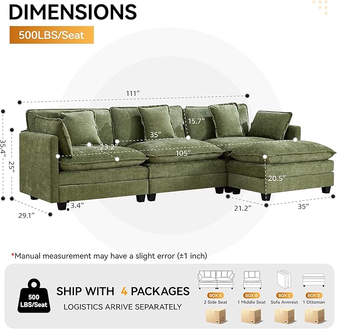 111'' Cloud Deep Seat Sectional Couch, Modern Comfy Chenille L Shaped Sectional Sofa with Movable Ottoman, Upholstered Modular 4-Seater Sofa Couch for Living Room, Green