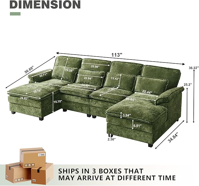 112" Modular Sectional Sofa, U Shaped Comfy Cloud Couch with Double Chaise and Padded Armrests, Modern Deep Seat Sectional Couches for Living Room, Apartment, Office, Green