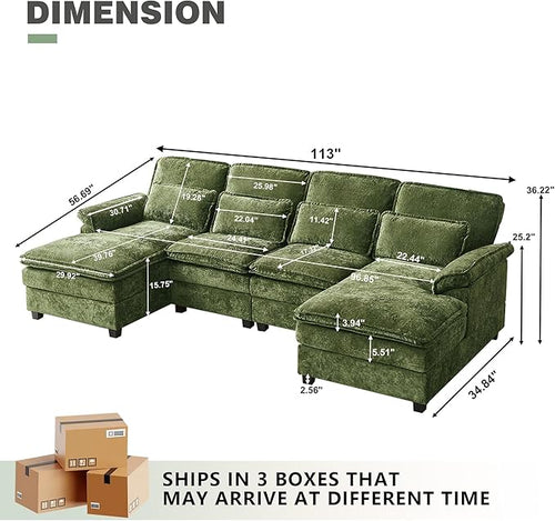 112" Modular Sectional Sofa, U Shaped Comfy Cloud Couch with Double Chaise and Padded Armrests, Modern Deep Seat Sectional Couches for Living Room, Apartment, Office, Green
