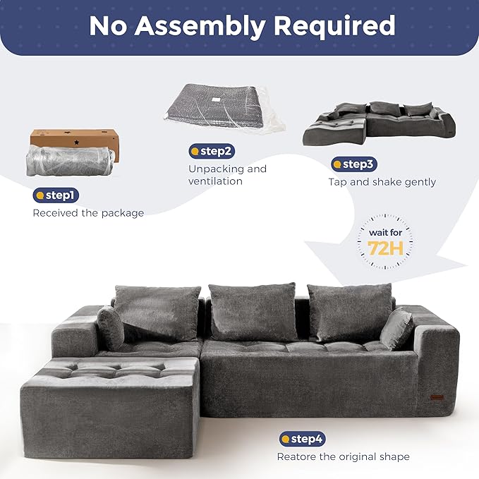 MAXYOYO Modular Sectional Sofa Couch, L Shaped Boneless Cloud Couch with Flexible Ottoman, Chenille Upholstered Living Room Sleeper Sofa Chair for Living Room, No Assembly Required, Light Grey
