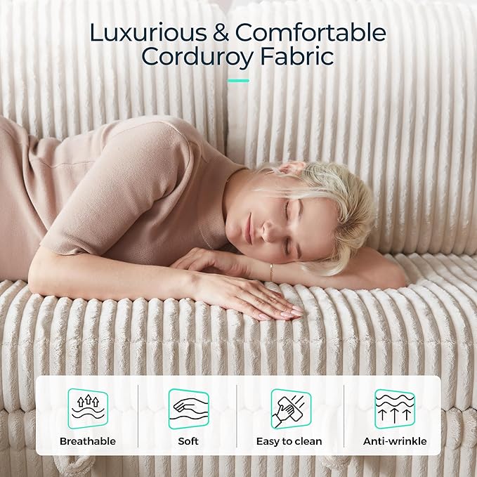 LINSY HOME Sectional Sleeper Sofa with Pull Out Couch Bed for Living Room (Beige) | Plush Corduroy, Storage Ottoman, Storage Chaise, Pull Out Couch, USB Charging