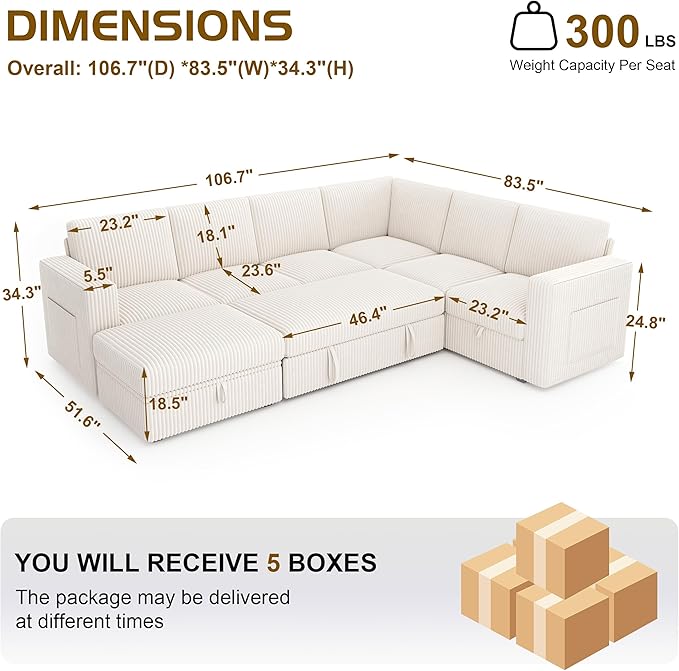 106.7" Sectional Sleeper Sofa with Pull Out Couch, Modern 7 Seat U Shaped Modular Couch, Sectionals Modular Sofa with Storage, Comfy Corduroy Couches Sectional for Living Room & Apartment, Beige