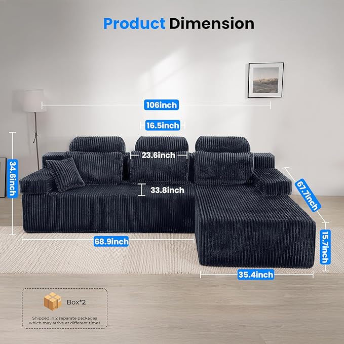 106’’ Sectional Couch with High Backrest, L-Shape Modular Sectional Sofa Convertible Left or Right Chaise, Cloud Corduroy, Boneless Couches Comfortable for Living Room(Dark Grey)