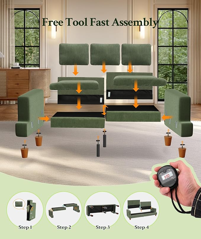 87.2" Couches for Living Room, Comfy L Shaped Couch Green 7.5" Thicker Cushion, Sofas for Living Room Tool-Free Setup, Loveseat with Ottoman 848lbs Support, Corduroy Couch for Bedroom, Office