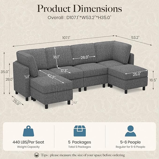 Belffin 110.2" Modular Sectional Sofa 6 Seats U Shaped Couch Washable Sectional Couches for Living Room Comfy Couches with Storage Seat Couch Sofas with Chaise,Grey