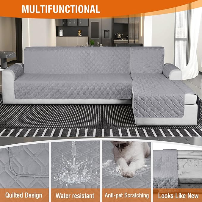 VANSOFY Sectional Couch Covers 100% Waterproof L Shaped Sofa Slipcover 3pcs Reversible Chaise Lounge Cover for Sectional Sofa Furniture Protector Cover for Pets Cat Dog(X-Large, Light Gray)