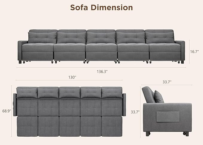 Aiho Pull Out Couch, Convertible Sofa Bed with Adjustable Backrest, 5 Seater Sectional Sleeper Sofa, Couch Bed with Spring Support, for Apartment Living Room, Dark Grey