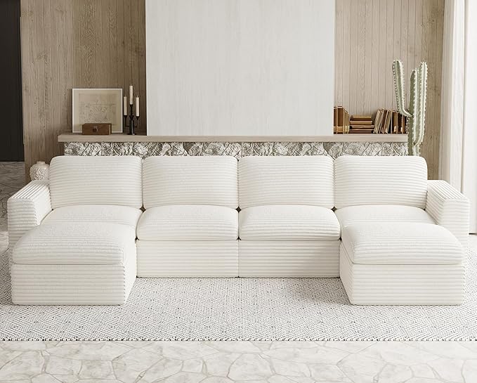 Cloud Sectional Couches for Living Room Plush Corduroy U Shaped Boneless Modular Sectional Sofa with Deep Seat. White Couch.