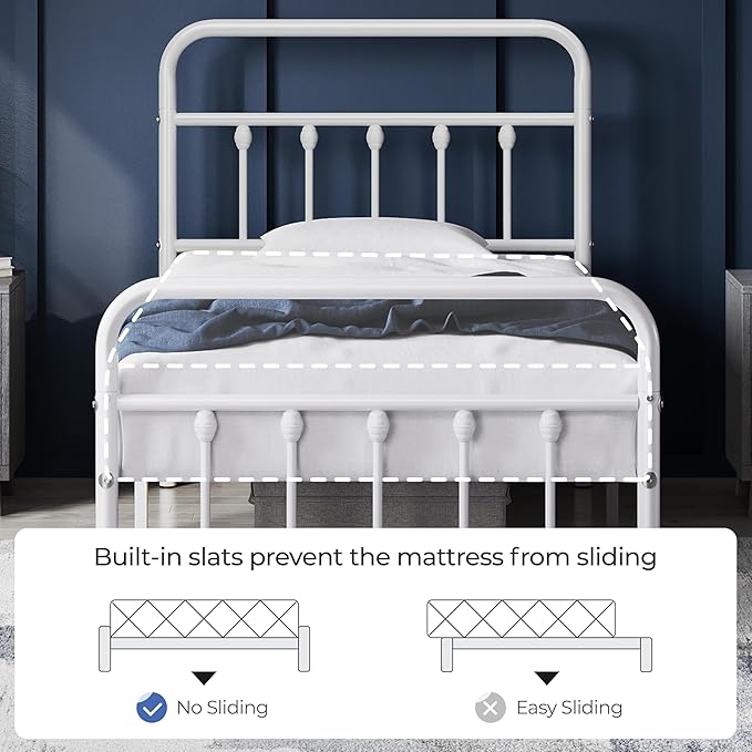Yaheetech Classic Metal Platform Bed Frame Mattress Foundation with Victorian Style Iron-Art Headboard/Footboard/Under Bed Storage/No Box Spring Needed/Twin Size White