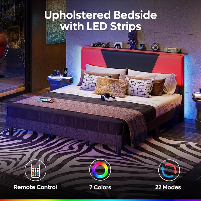 Bestier Gaming Bed Frame Queen Size Black & Red with RGB LED Lights Adjustable PU Leather Headboard Storage Shelf with USB Ports Sturdy PB Construction No Box Spring Needed Modern Industrial Design