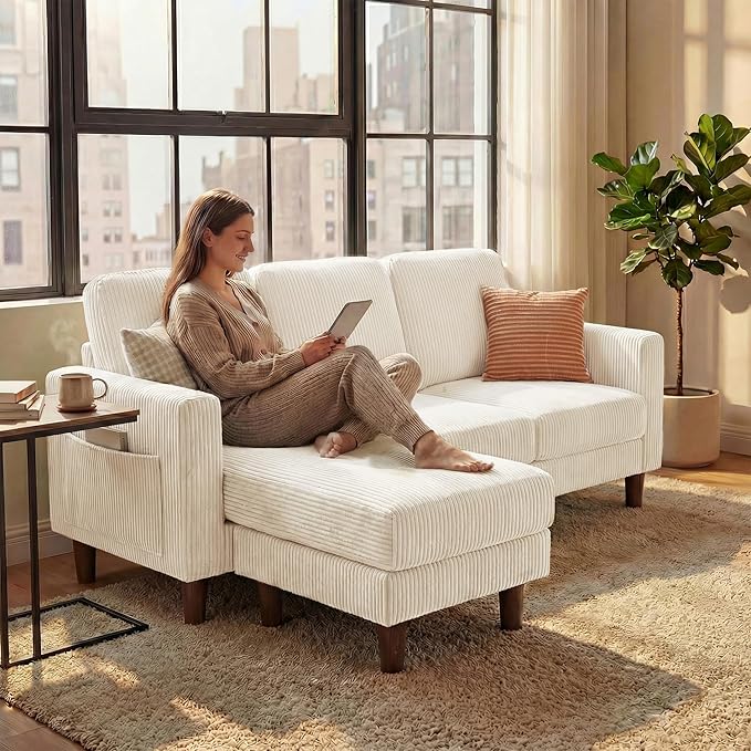 YESHOMY L-Shaped Sofa Couch, Small Couch with Reversible Chaise and Ottoman, Convertible Sectional Comfy 3 Seat Sofas with Side Pockets for Apartment and Living Room (Cream)