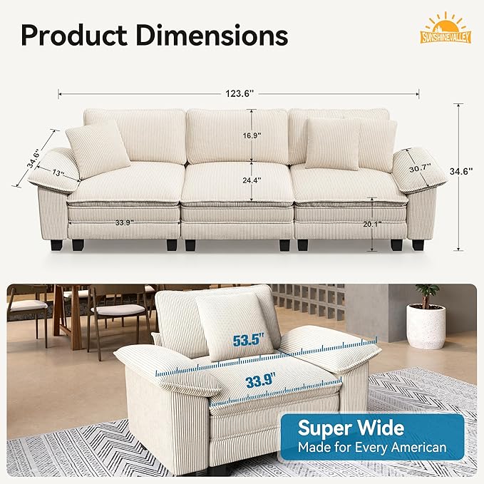 3 Seat Modular Sofa, 123.6'' Oversized Modern Corduroy Sectional Couch with Removable Armrest and Pillow, Upholstered Cloud Deep Seat Sofa for Living Room, Beige