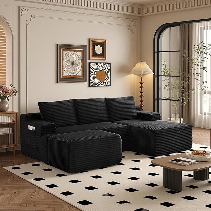 96" Sectional Couches for Living Room Cloud Couch Sofa with L-Shape Upholstered Boneless Couchs Modern Modular Sectional Couch with Chaise (Black, 96" W+Right Facing Chaise+2Seaters+Ottoman)