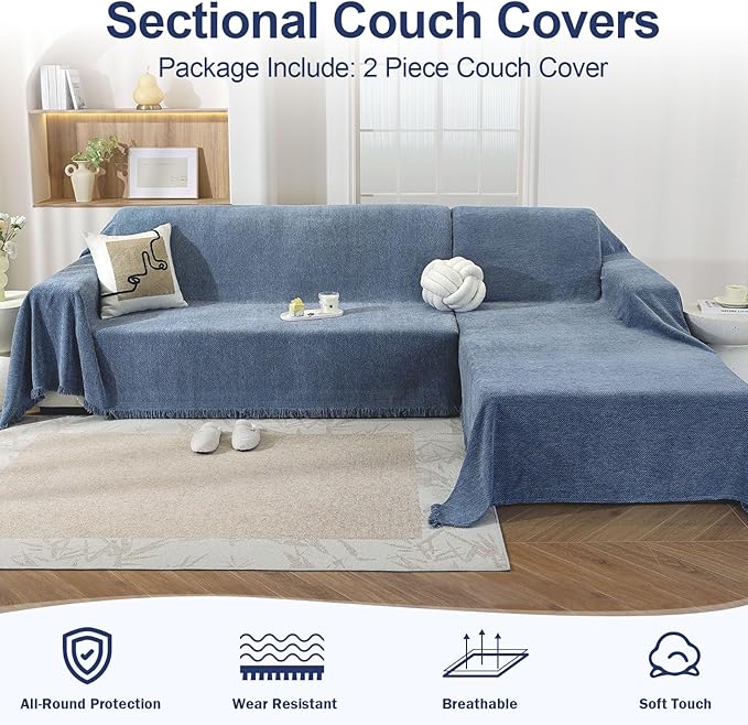 OstepDecor Sectional Couch Covers 2 Pieces, L Shaped Couch Cover Blanket, Sectional Sofa Cover Washable, Chaise Lounge Sofa Slipcovers Pet Furniture Protector for Dogs (71"x102"+71"x118", Blue)