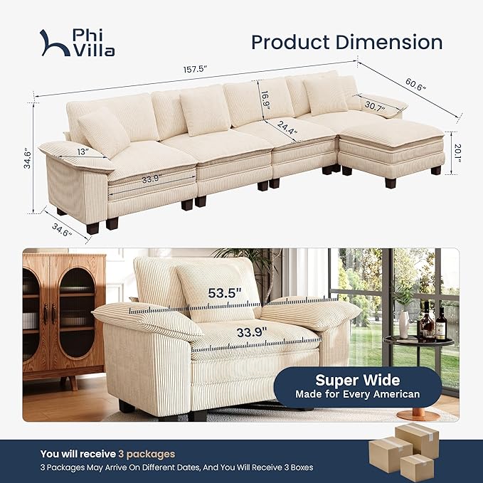 PHI VILLA Cloud Modular Couch Sets, 157.5" Sectional Sofa with L-Shaped Chaise, 5-Seater Upholstered Couches with Movable Ottoman for Living Room, Corduroy Fabric, Beige