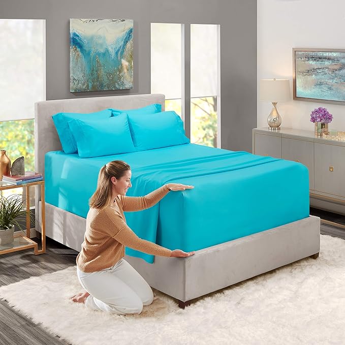 Hearth & Harbor Extra Deep Pocket Sheets - Fits Mattress 18-24 Inches Deep - Extra Deep Pocket Full Size Sets - 6 Piece Full Size - Full - Beach Blue