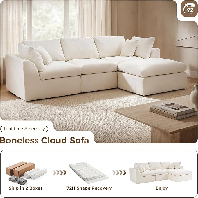 108" Cloud Sectional Couches, with 1 Extra Washable Cover, L Shaped 25.6" Deep Seat Couch with Ottoman, Oversized Comfy Living Room Sofa, DIY Color Refresh（ White Sofa + Green Cover Set）