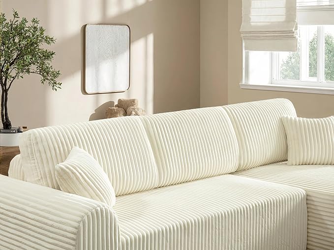 109“L-Shaped Sectional Sofa Boneless Couch Upholstery Cloud Modular Couch with Chaise No Assembly Required Corduroy Fabric Combination Deep Seat Living Room Bedroom(Cream, Right Hand Facing)