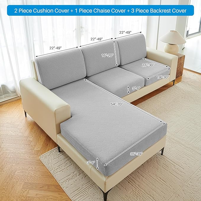Deep Dream Sectional Couch Covers 6 Pieces, Stretch Couch Cushion Covers, L Shaped Washable Sofa Covers for Left/Right Sectional Sofa (3 Backrest Cover + 2 Seater + 1 Chaise, Light Grey)