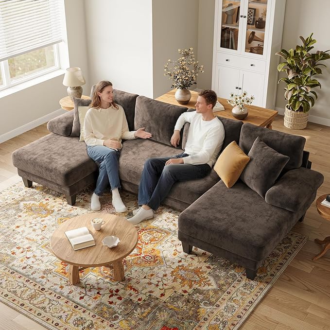 Txtin's Sleeper Sofa with Pull Out Couch Bed | 112 Inch Couches for Living Room | U-Shaped Convertible Sofa Bed | Chenille Brown