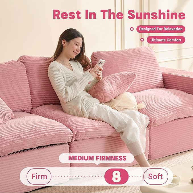 106.3” Sectional Couches for Living Room, Set of Cloud Couch, Modular Sectional Sofa, Convertible Sofas Bed, Deep Seat Sofa, Corduroy, Pink