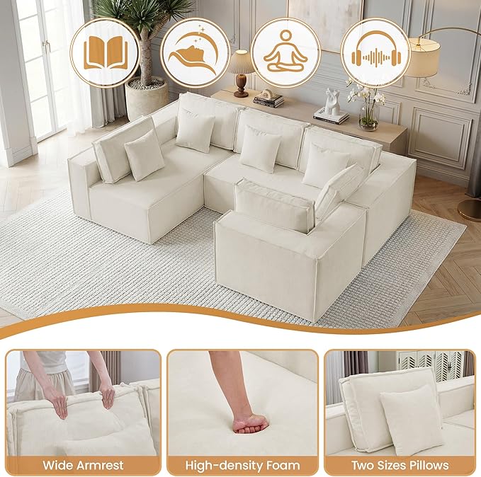 108'' Boneless Chenille U Shaped Couch, Oversized Modular Sectional 5 Seater Sofa, Modern Deep Seat Corner Cloud Compressed Couch, No Assembly Sleeper Sofa with Chaise for Living Room, Beige