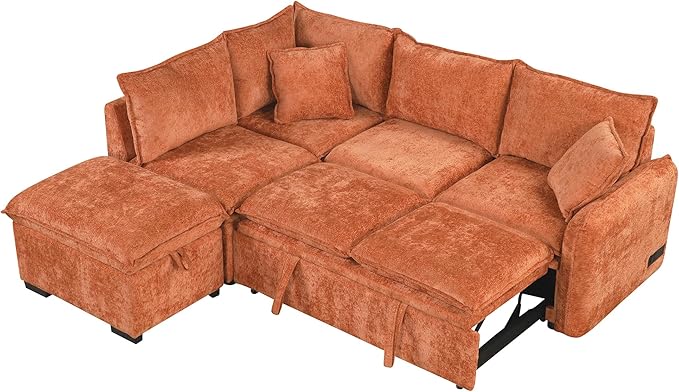 LUMISOL 82.7" Convertible Sleeper Sofa Bed with Storage Ottoman, L-Shaped Sectional Sofa with Pull Out Bed, USB Ports, Chenille Sleeper Sofa Couch with Chaise for Living Room, Orange