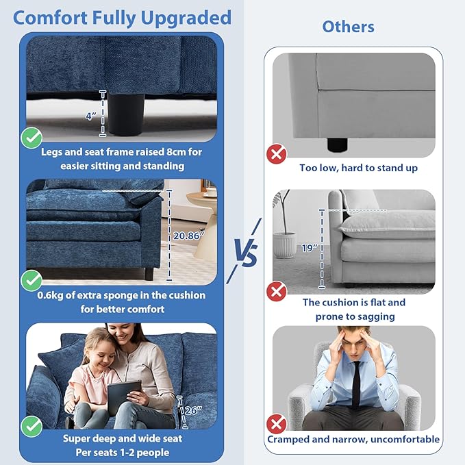 Oversized Modular Sectional Sofa, 146.5 Inch L Shaped Cloud Couch Set, 4-Seat Comfy Convertible Sofa with 1 Movable Ottoman, DIY Combination Sleeper Couch for Living Room(Chenille, Blue)