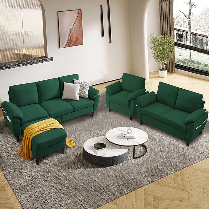 4 Piece Convertible Sectional Sofa Set, Modern Linen Small L Shaped Couch with Reversible Chaise, 3-Seater Sofa & Loveseat & Armchair for Living Room, Office, Apartment, Green