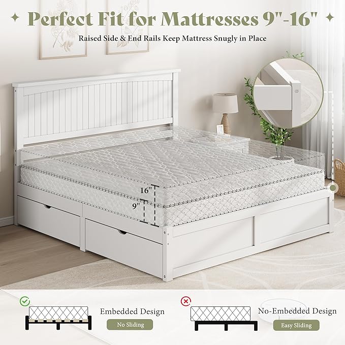AMERLIFE Solid Wood King Size Storage Bed Frame with Headboard, Platform Bedframe with 2 Storage Drawers, Beadboard Design & Wooden Slats/No Box Spring Needed/Noise-Free, Coastal White Finish