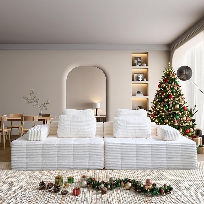 Modular Sectional Sofa with Movable Handrails, Straight-Row Boneless Sofa Sectional Couch for Living Room, Deep Seat Memory Foam Faux Rabbit Fur Fabric Sofa, No Assembly Required (White)