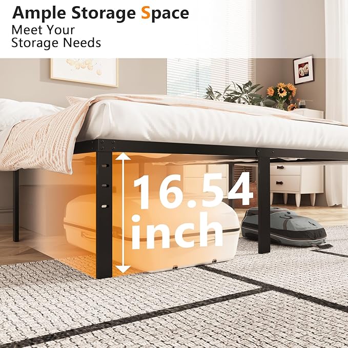 VINGLI 18 Inch Queen Bed Frame, Heavy Duty Metal Platform,No Box Spring Needed, Sturdy Steel Slat Support, Easy Assembly, Noise-Free, 16 inch Underbed Storage,Black