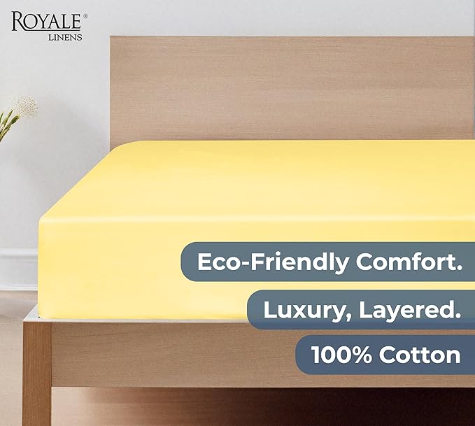 Royale Linens 100% Organic Cotton Fitted Sheet - Percale Weave - Super Soft Deep Pocket Bottom Sheets - Elastic Sheet Twin Size - Twin Fitted Sheets Only - (39"x75"+15", Yellow)