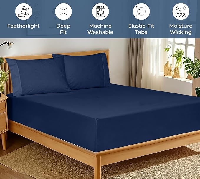Royale Linens 100% Organic Cotton Fitted Sheet - Percale Weave - Super Soft Deep Pocket Bottom Sheets - Navy Elastic Sheet Queen Size - Queen Fitted Sheets Only - (60"x80"+15", Navy)