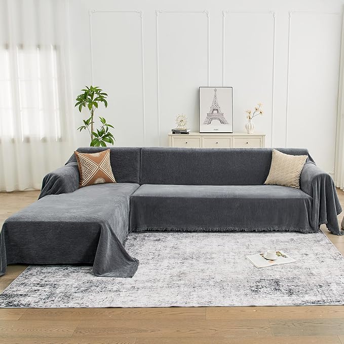 Sectional Couch Covers, 2 Pieces Chenille Sofa Cover L Shaped Couch Cover Blanket for Dogs Washable Sofa Slipcovers Pet Furniture Protector (X-Large: 71" x 110" + 71" x 118", Dark Gray)