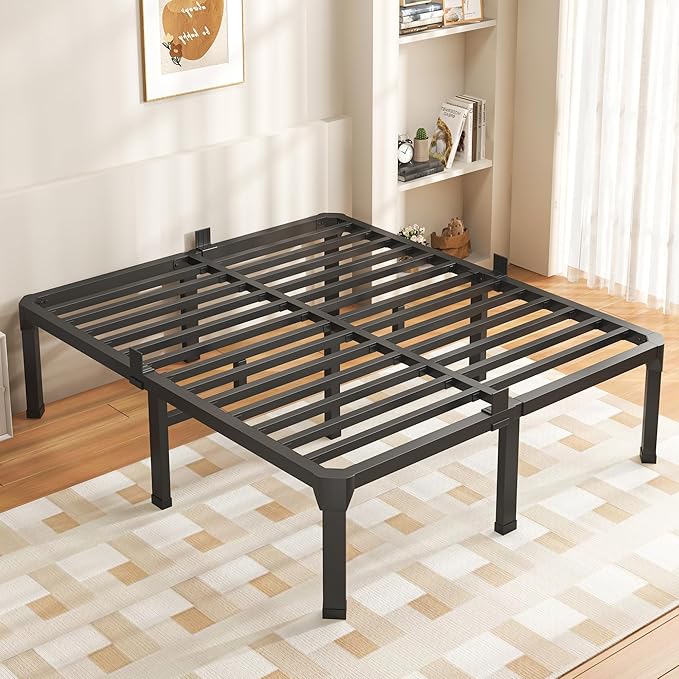 ROIL 18 Inch Queen Size Bed Frame with Mattress Slide Stopper - Double Black Basic Anti Squeak Steel Slats Metal Platform, Heavy Duty Noise Free Easy Assembly Bedframes, No Box Spring Needed