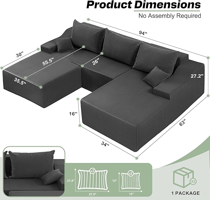 HABUTWAY U Shaped Modular Sectional Couch for Living Room, Modular Cloud Sofa with Ottoman, No Assembly Boneless Couches with Deep Seat, Corduroy Fabric (Grey, Right Facing)