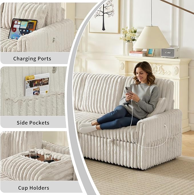 Sleeper Sofa Bed, 81” Pull Out Couch Bed, 3 in 1 L-Shaped Couch with Charging Station, Cup Holder, Side Pocket, Couches for Living Room(Plush Beige)
