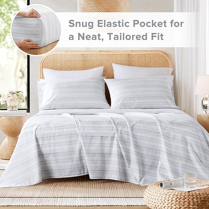 Comfort Spaces 100% Cotton Sheets Cal King, Breathable, Naturally Cool Cotton Sheets, Cotton Bed Sheets with 14" Elastic Pocket Fits up to 16" Mattress, All Seasons Sheet Set, Good Vibes Grey 4 Piece