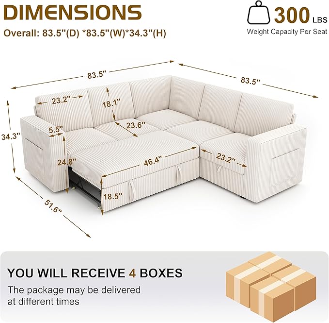83.5" Sectional Sleeper Sofa with Pull Out Couch, Modern 5 Seat L Shaped Modular Couch, Sectionals Modular Sofa with Storage, Comfy Corduroy Couches Sectional for Living Room & Apartment, Beige
