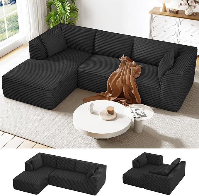 Vesgantti 106" Cloud Sectional Couch with Chaise, Deep Seat Comfy Modular Sectional Sofa Corduroy Memory Foam Boneless Couches for Living Room Bedroom, No Assembly Required (Black, Left-Facing Chaise)