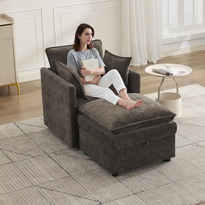 30" Cloud Modular Single Sofa Chair with Storage Ottoman, Modern Upholstered Accent Chair with Storage, Chenille Reading Lounge Armchair for Living Room, Bedroom, Small Space, Brown | Sofa Chair, Upholstered Chair, Accent Chair, Reading Lounge, Armchair